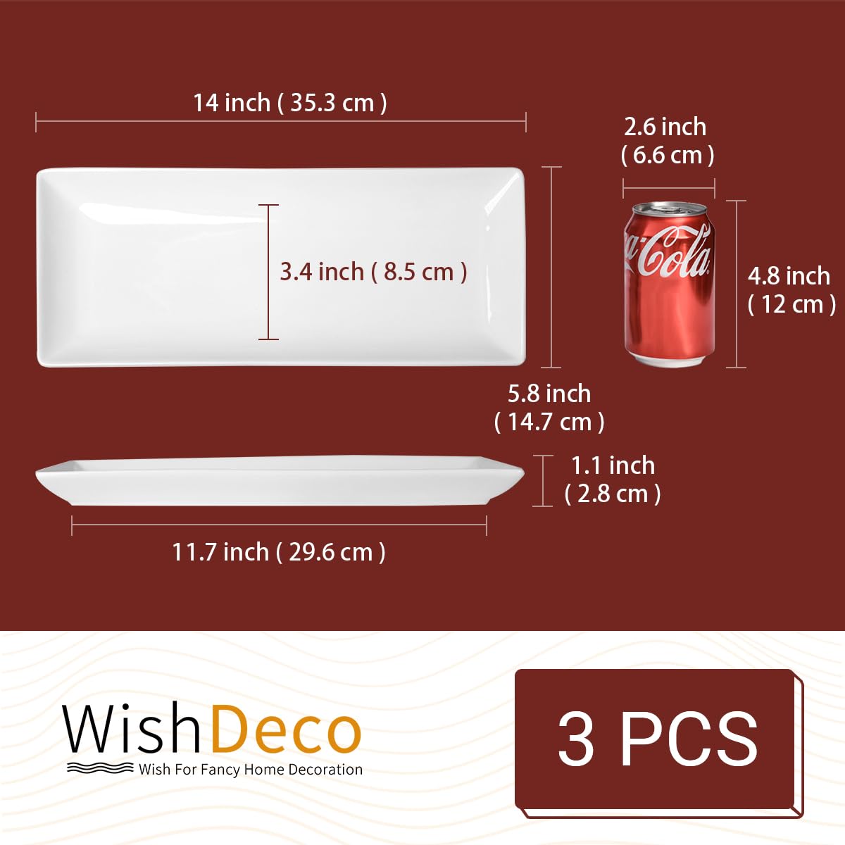 WishDeco Serving Platters Set of 3, Large Serving Trays 14 inch, White Serving Plates, Ceramic Rectangle Plate, Long Platter for Cake, Sushi, Steak, Dessert, Buffet