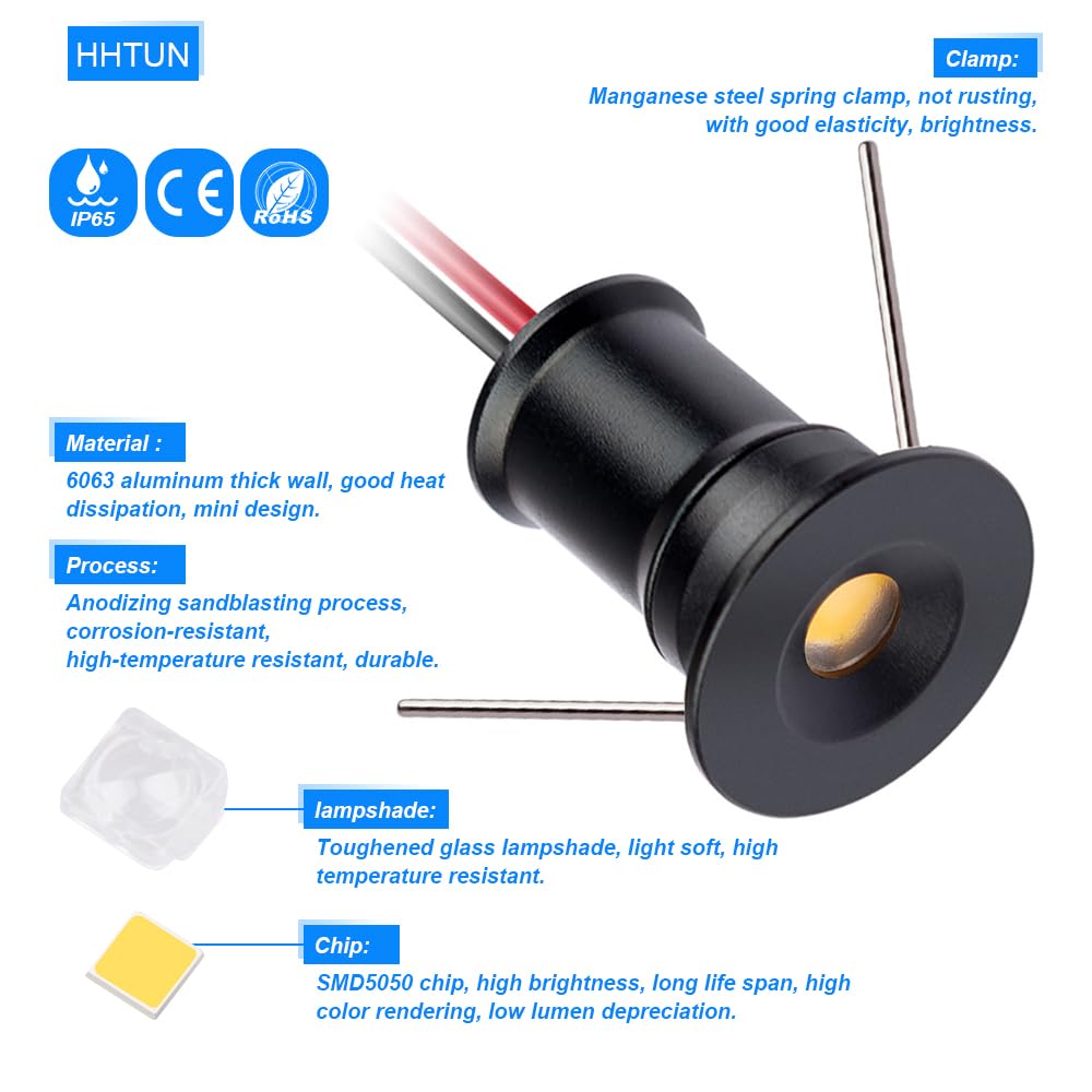 HHTUN 902 120°LED mini Spotlight,DC12V 1W,80Ra,75lm,Small Size,Embedded Installation,Suitable for Cabinet Lighting Such as Wine cabinets,Shoe cabinets,etc.,with Power Supply(3000K,Black,9Pack)