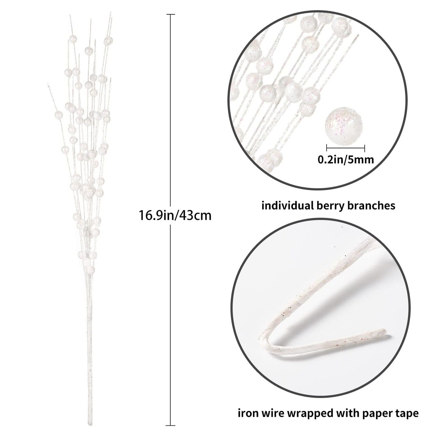 Losris Christmas Artificial Glitter Berry Stem Decorations Decorative Bead Sticks Xmas Picks Glittery Twigs Branches for Christmas Tree Wreath Gift Vase Home Decor Party Ornaments White 24 PCS