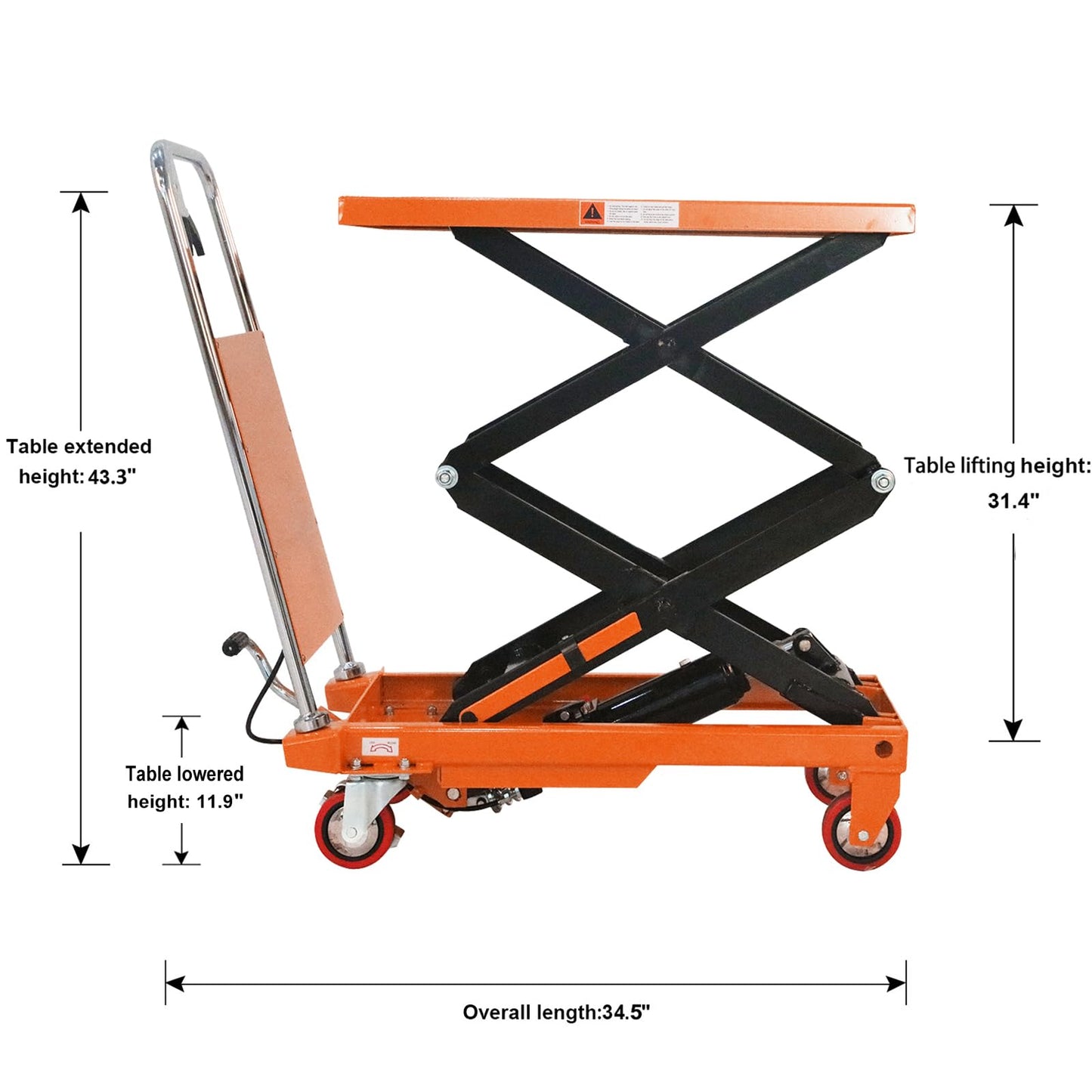 Tory Carrier Double Scissor Lift Table Cart, 330 Lbs Capacity, Hydraulic Lift Cart 43.3" Lifting Height, Manual Scissor Lift Table W/4 Wheels, Foot Pump, Elevating Hydraulic for Material Handling