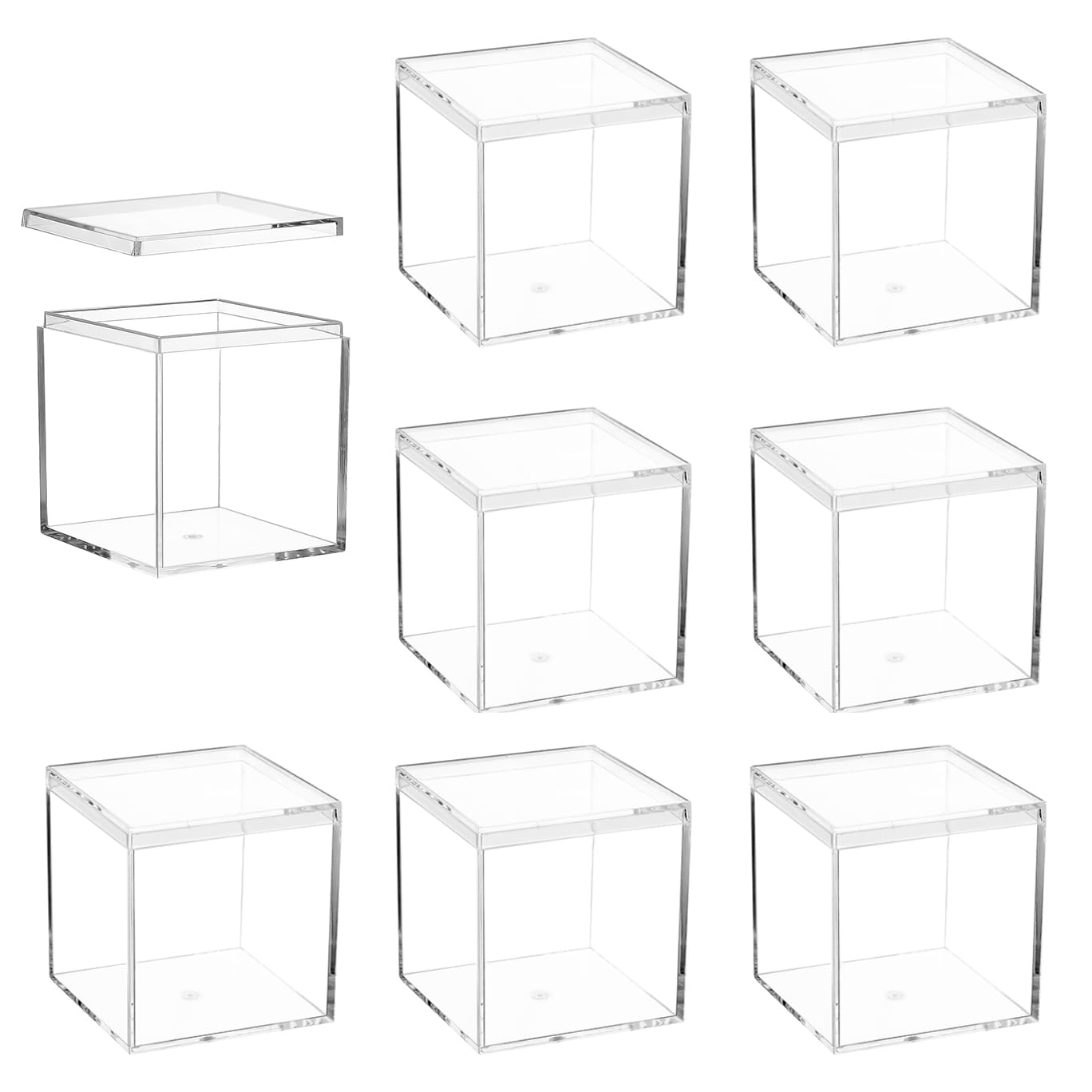 ADVcer 8 pcs Clear Acrylic Box with Lid, 2.36 inch Square Cube Small Acrylic Storage Boxes Display Case, Transparent Plastic Decorative Box Set for Jewelry Gift Toy Model Candy Mini Cake Containers