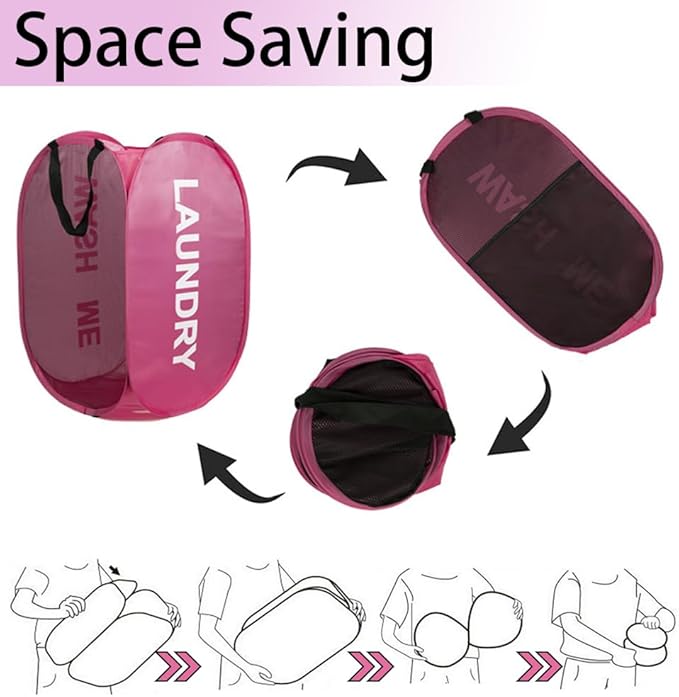 2 Pack Mesh Pop Up Laundry Hamper Collapsible Laundry Basket Pink Dirty Clothes