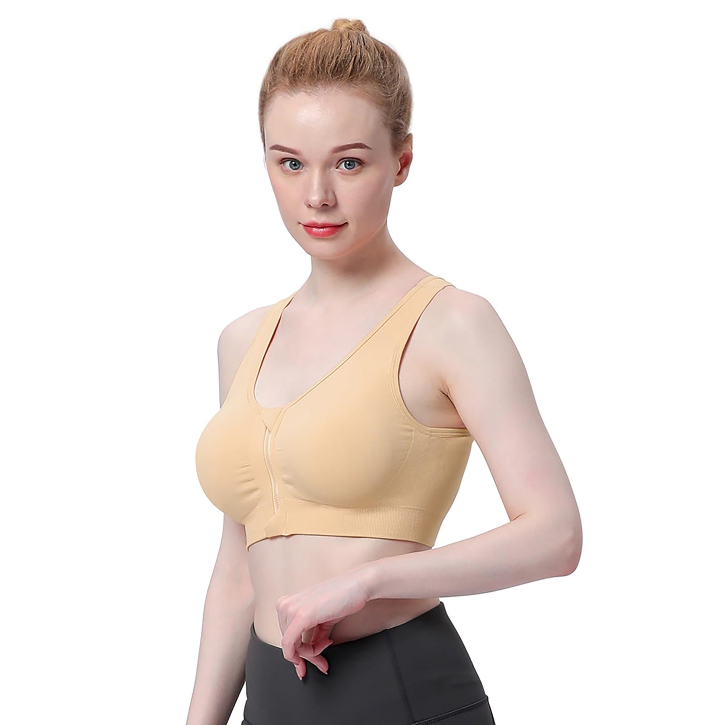 Women's Zip Front Sports Bra Wireless Post-Surgery, Yoga Sports Bras (L:Fit 34C,34,34D,34DD,36B,36C,38A,38B, 3 Pack(Black+Grey+Flesh))