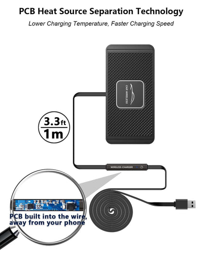 Wireless Car Charger Qi Charging Pad Fast 15W 10W 7.5W Charge Adapter for iPhone 14 13 12 Mini 11 Pro Max 8 Plus X XR Xs Airpods Samsung Galaxy Buds S21 S22 S23 S24 Android Phones (39' Long Cable)