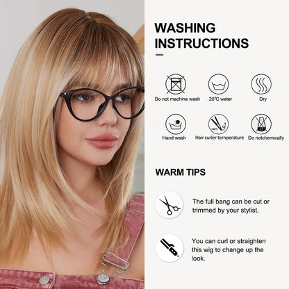 OUFEI Ombre Blonde Wigs for Women Medium Length Long Straight Wig with Bangs Synthetic Hair Heat Resistant Wigs for Everyday Party Cosplay Wear