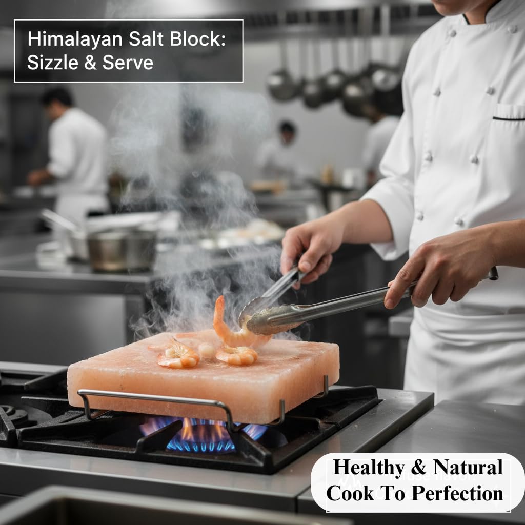 Himalayan Salt Block 8”x8”x1” for Grilling, Cooking, Cutting, and Serving - Food Grade Rock Salt Plate with Steel Tray, Salt Slab a Unique Gift for Men, Women, Chefs & Cooks.