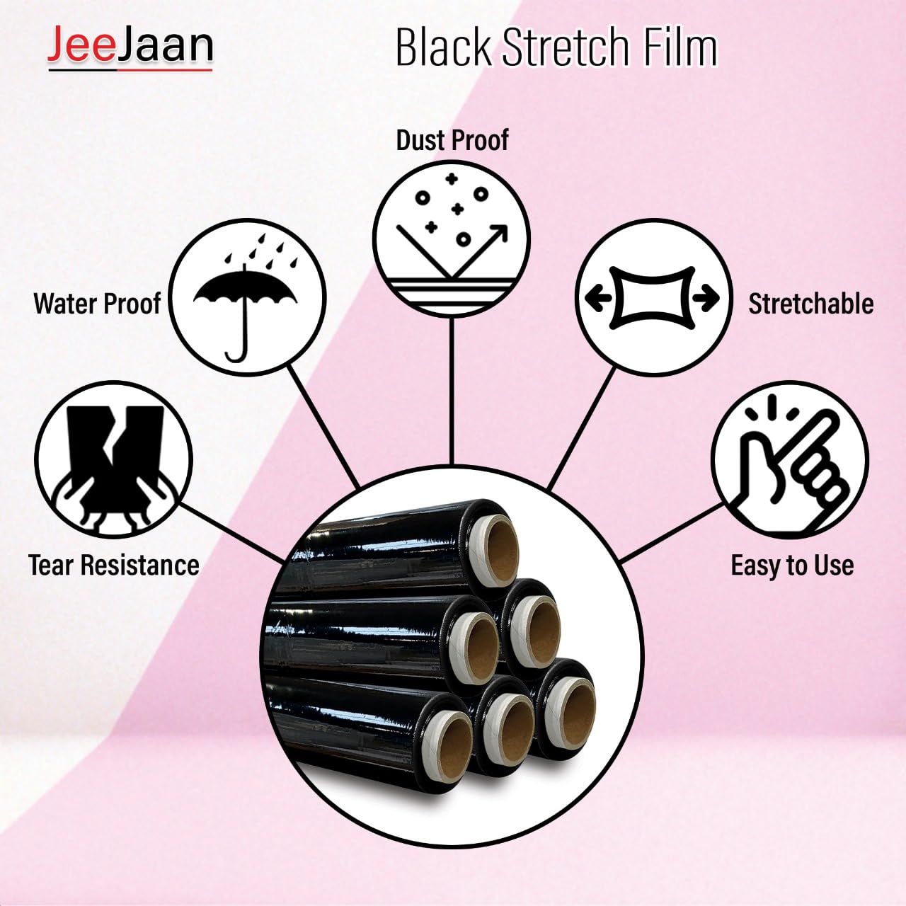 JeeJaan® 2 Rolls Black Pallet Wrap 400mm x 250m, Non-Extended, 20mu - Strong Stretch Shrink Cling Film - Ideal for Wrapping - Warehouse, Moving House & Furniture