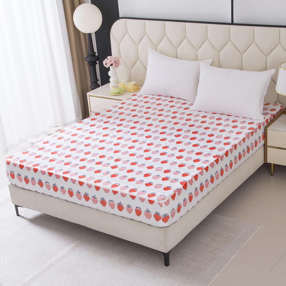 NATURETY Bedding Fitted Sheet with Deep Pocket,Cute Fruit Printed Fabric Bed Sheets (Pink Strawberry, Twin)