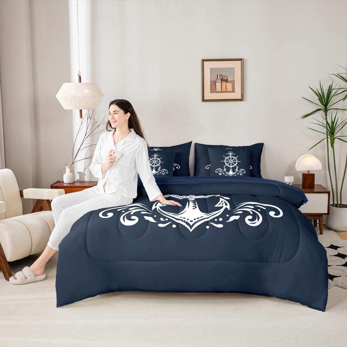 Erosebridal Nautical Anchor 7 Pcs Comforter Set Twin Size Ocean Sailboat Bedding Sets for Kids Boys Teens Adult Navy Blue Ocean Theme Bed in A Bag Coastal Compass Sheet Set