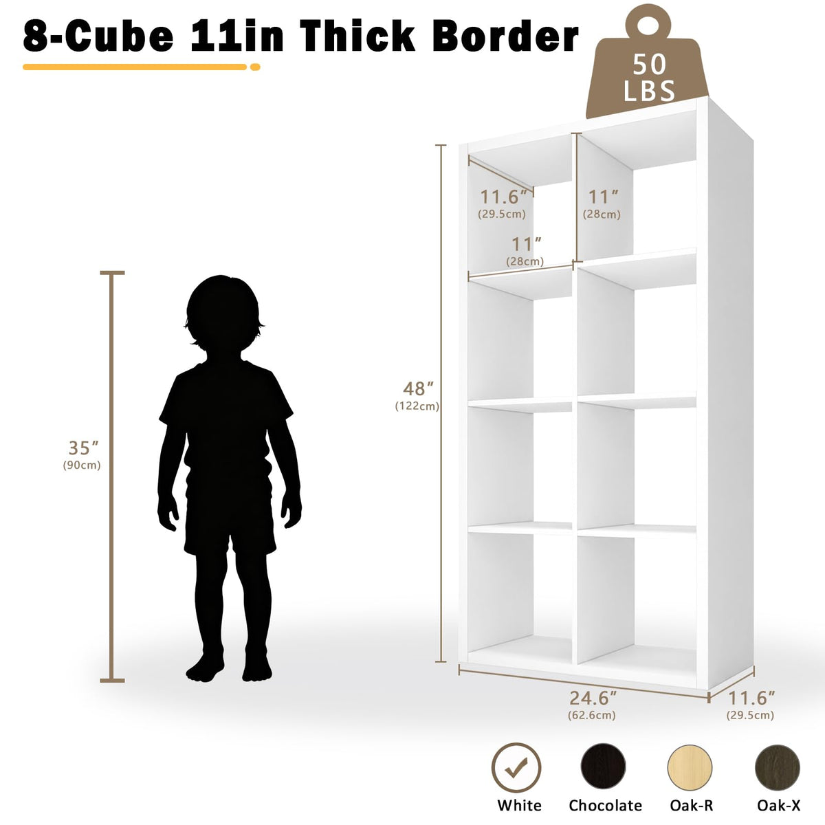 Endearing Limons【2026 Wooden Thick Border 8 Cube Shelf Storage Organizer with Anti-Tipping Kits + Reversible Open Back Bookcase (11 x 11 Unit Cell White)