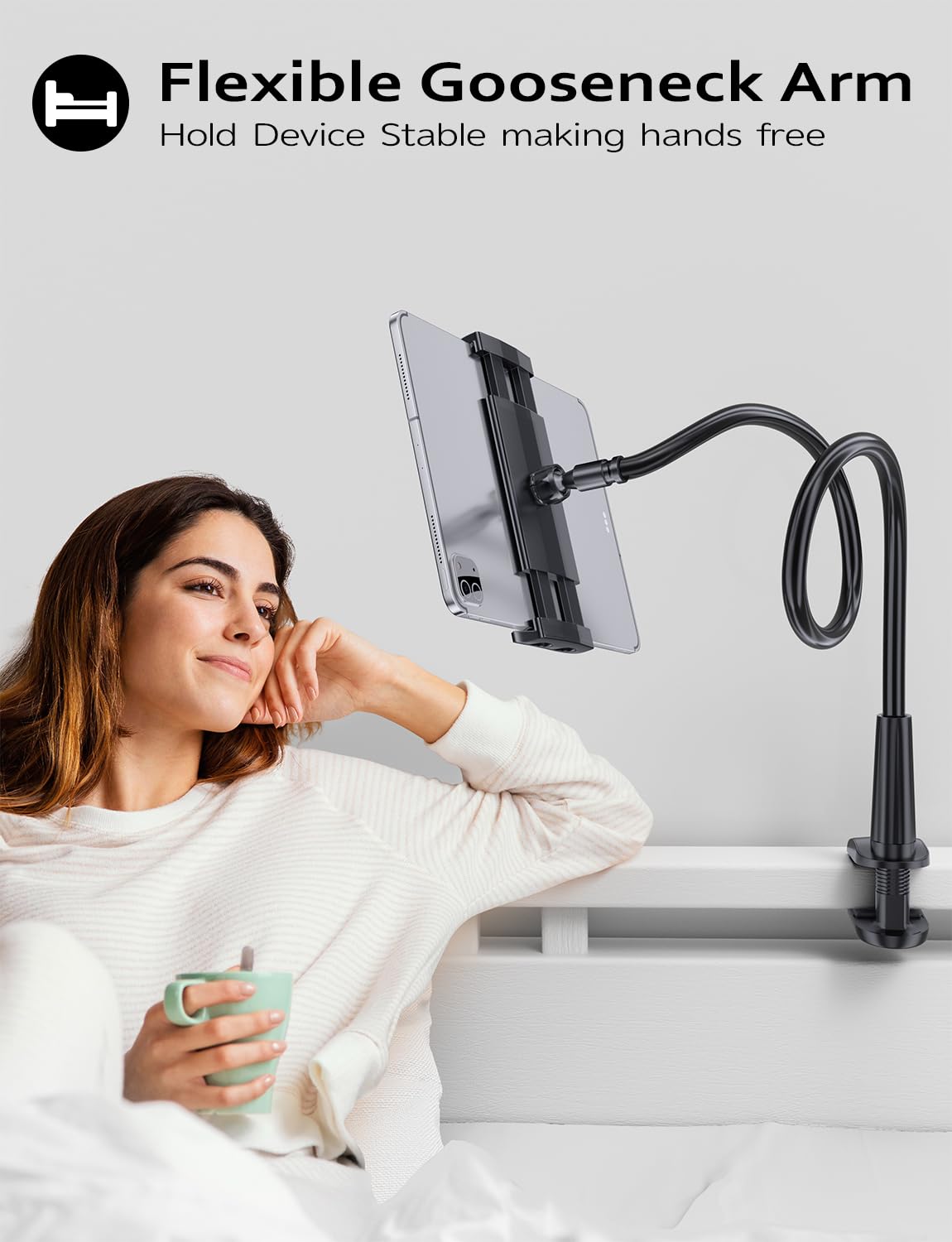 Tryone Gooseneck Tablet Holder Stand for Bed Adjustable Flexible Arm Tablets Mount Clamp on Table Compatible with iPad Air Mini | Galaxy Tabs | Kindle Fire | Switch or Other 4.7-10.5" Devices