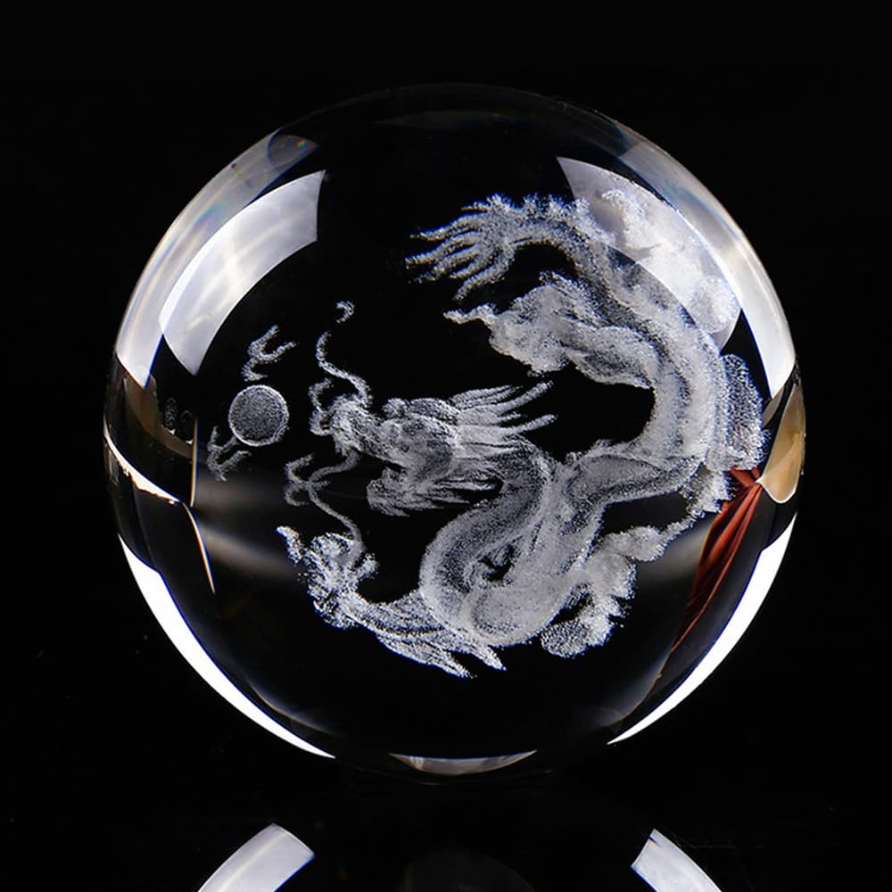 Aprbella 3D Engraved Chinese Dragon Crystal Ball - Fengshui Dragon Decor Statue Figurine, Chinese Decor for Home Office, Housewarming Gift