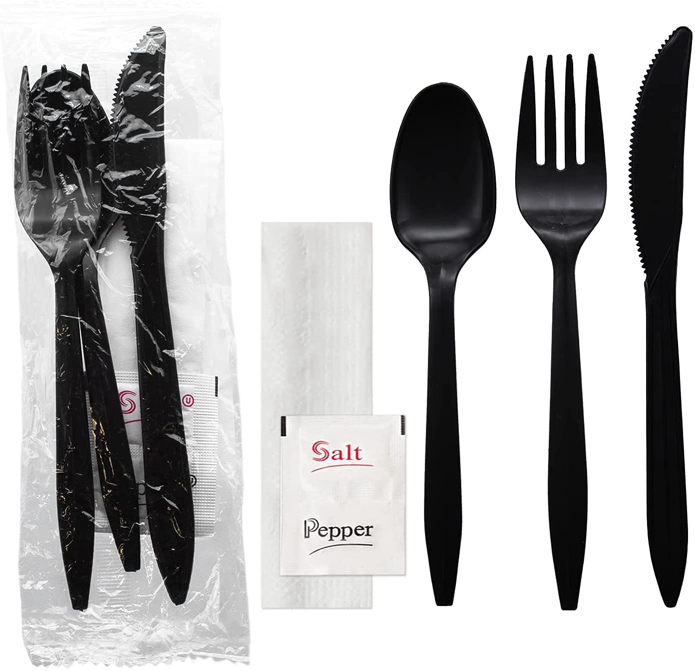 Party Essentials Individually Wrapped Plastic Cutlery Kits/Silverware Packets, 250 Sets, Black Fork/Spoon/Knife/Napkin/Salt/Pepper