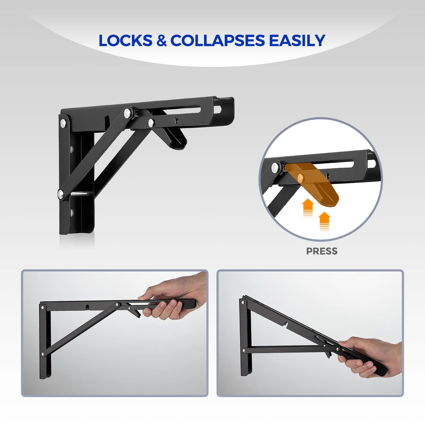 Ravinte 10 Inch Folding Shelf Brackets - Matte Black Collapsible Heavy Duty Brackets for Table Bench - Space Saving, 2 Pack ﻿