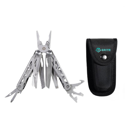 GRITR 13-in-1 Stainless Steel EDC Multitool w/Nylon Sheath - Outdoor Tool w/Needle Nose Pliers, Pocket Knife, Scissors, Bottle Opener, Cutters - Camping Hiking Fishing Survival Gear