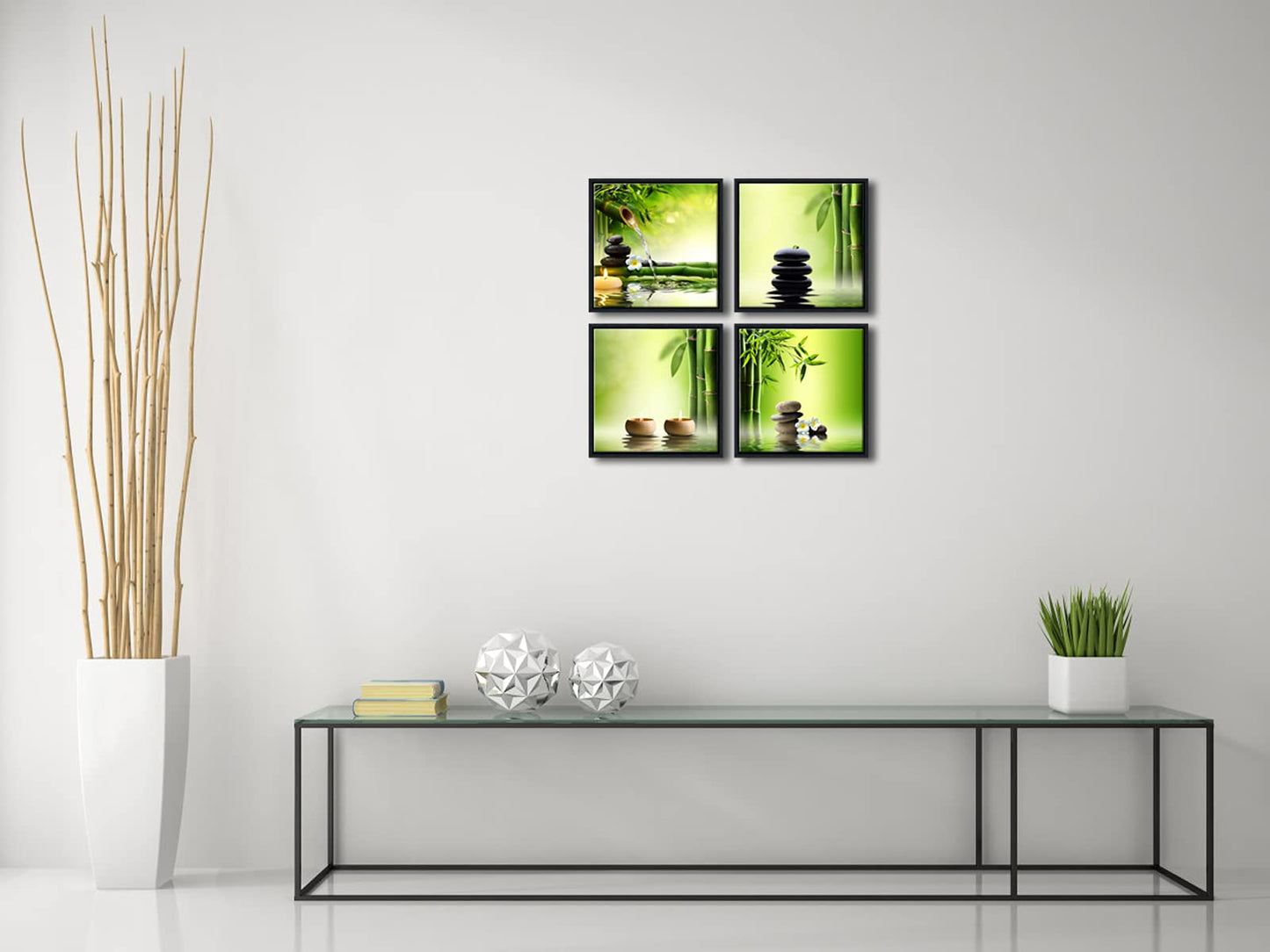 Pyradecor 4 Panels Framed Canvas Wall Art Contemporary Zen Canvas Prints Perfect Bamboo Green Pictures Paintings Artwork for Home Office Decorations