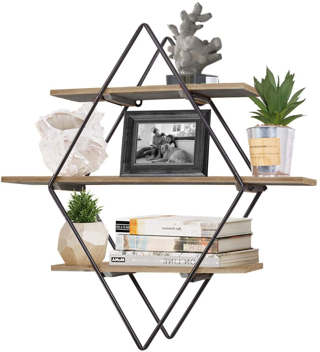RiteSune Geometric Diamond Wall Shelves, 3 Tier Hanging Floating Display Shelf Decor for Bedroom Living Room Office, 24"X23.5"X6"