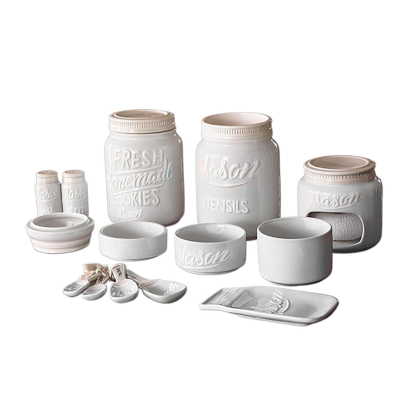 Farmhouse Canisters Sets for the Kitchen - Mason Jar Ceramic Kitchen Utensil Holder, Spoon Rest, Cute Cookie Jar, Salt & Pepper Shaker Sets, Sponge Holder, Measuring Cups & Spoons (White,17-Pc Bundle)