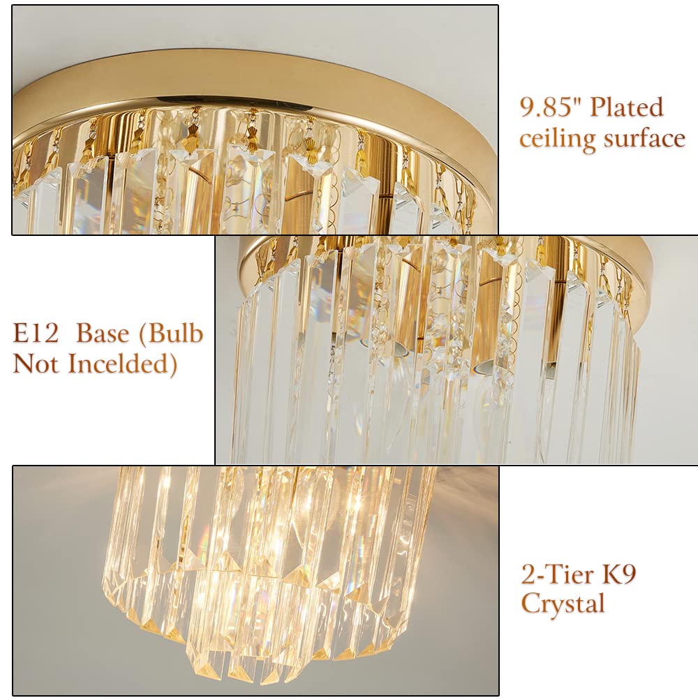 Gopmmy Modern Ceiling Light Crystal Chandelie,2-Tier French Gold Flush Mount Pendant Lighting Fixture for Kitchen Island Light Living Room Bedroom (3-Lights)