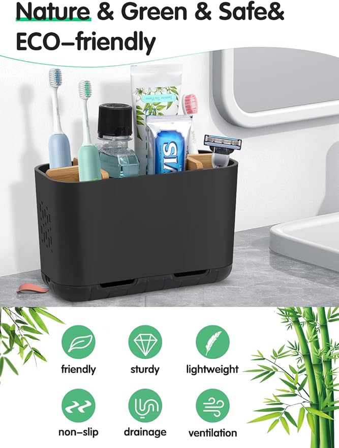Black Toothbrush Holder, Bamboo Toothbrush and Toothpaste Holder
