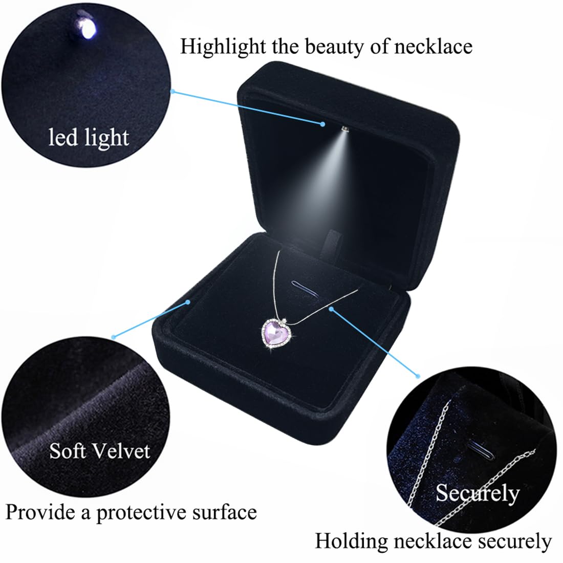 GBYAN Pendant Necklace Box with LED Light, Necklace Gift Box Velvet Jewelry Display Case for Proposal Engagement Wedding and Birthday,Black