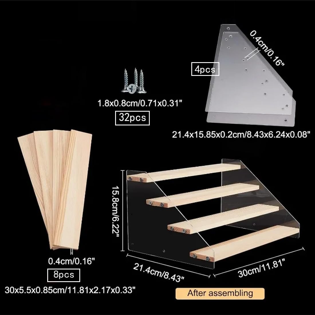 BeiHCain 2 Pack 4 Tier 12 Inch Acrylic Wooden Display Stand, Clear Acrylic Display Riser Shelf Wood Tiered Display Shelf Rack Step Ladder Riser Stands for Cupcakes Perfumes Figures Collectibles