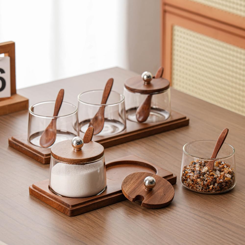 Condiment Containers Set with Acacia Wood Lids and Tray Seasoning Box Condiment Pots Jars with Spoons for Spice Salt Sugar Cruet (Silver Top, 3 Jars with Tray)
