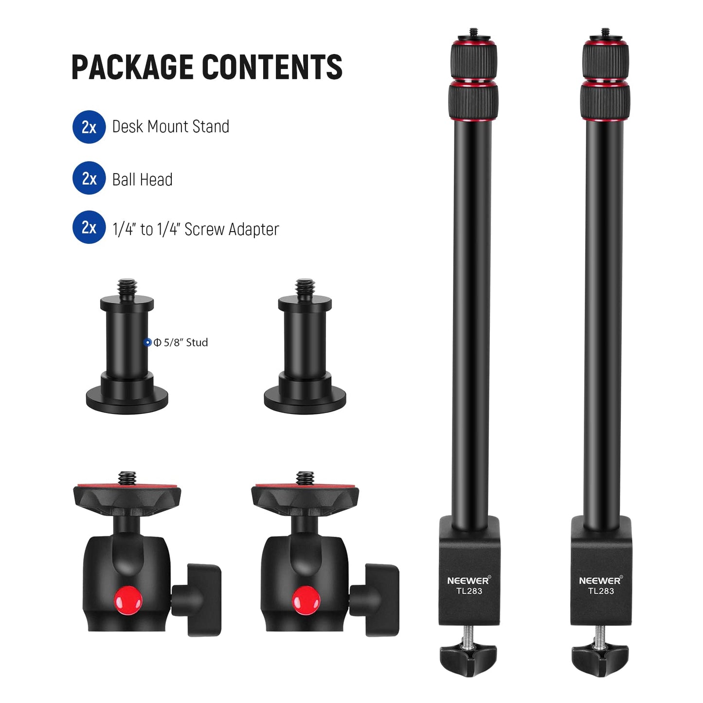 NEEWER Extendable Camera Desk Mount with Ball Head, 17"-40" Adjustable Table Light Stand with 1/4" Screw & C Clamp for DSLR Camera, Ring Light, Live Stream, Vlog, Max Load: 6.6lb/3kg, TL283 (RED)