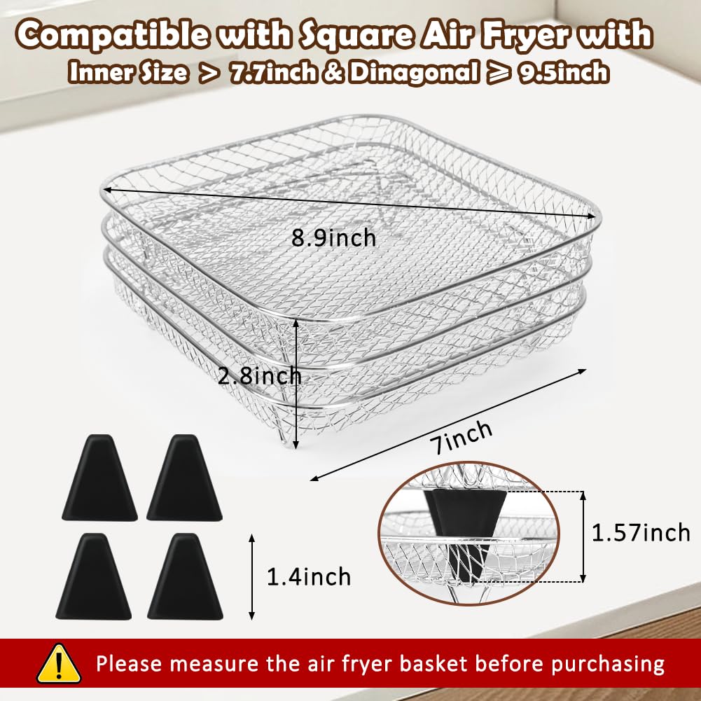 BYKITCHEN 8 inch Square Air Fryer Rack, 3pcs Stackable Stainless Steel Dehydrator Rack with Silicon Feet, Square Air Fryer Accessories for Cosori, Instant Vortex, Ninja Pro XL 6.5 QT AF181 & More