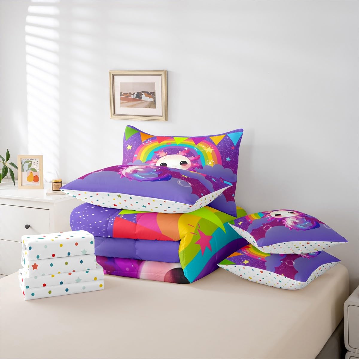 Erosebridal Girls Axolotl Queen Comforter Set Kids Cute Rainbow Axolotl Bed in a Bag with Flat and Fitted Sheet Kids Cartoon Kawaii 7-Piece Bedding Set Galaxy Stars Fantasy Quilt Duvet Sets,Purple