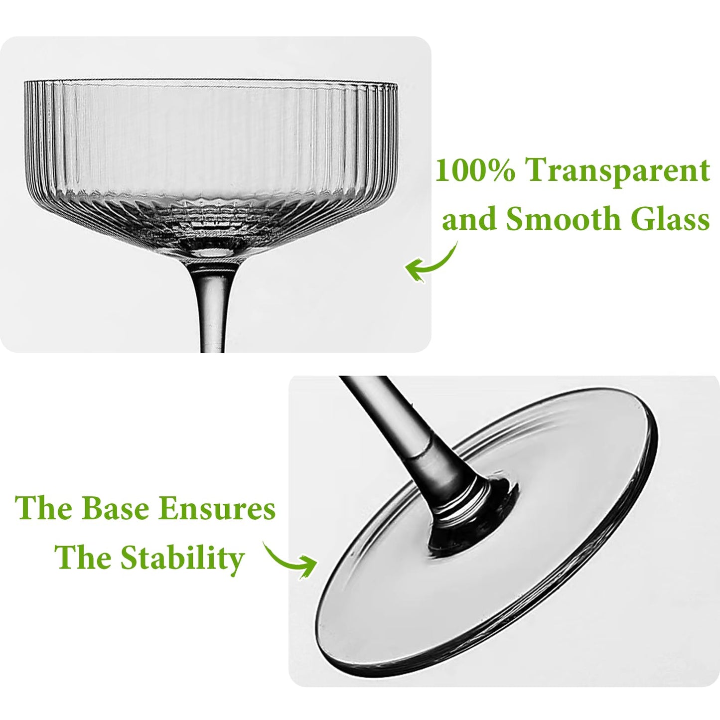 Qipecedm 4 Pcs Ribbed Coupe Glasses, 10 oz Vintage Coupe Glass Set, Unique Martini Glass, Classic Cocktail Galssware, Bar Drinking Glasses Set Pefect for Cocktail, Wine, Champagne & Gift