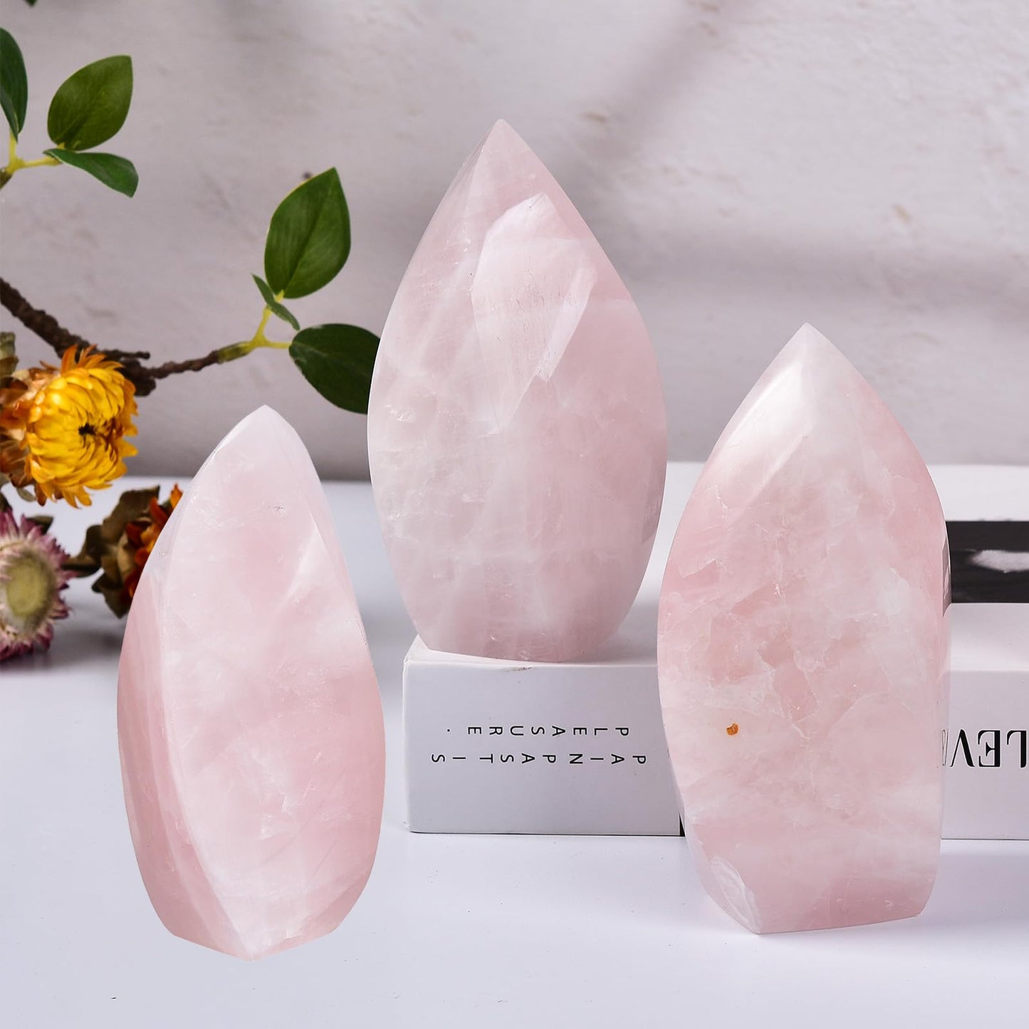 JIC Gem Rose Quartz Crystal Tower 4 Sides Spiral Obelisk Natural Healing Crystal Point Reiki Energy Decoration 0.6-1.1 Lbs