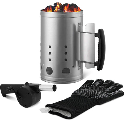 CADARA Charcoal Chimney Starter Set Charcoal Chimney Lighter Can A 1472℉ Heat Resistant Grill Glove Portable BBQ Fan Air Blower Outdoor Cooking Charcoal Barbecue Holder Accessories
