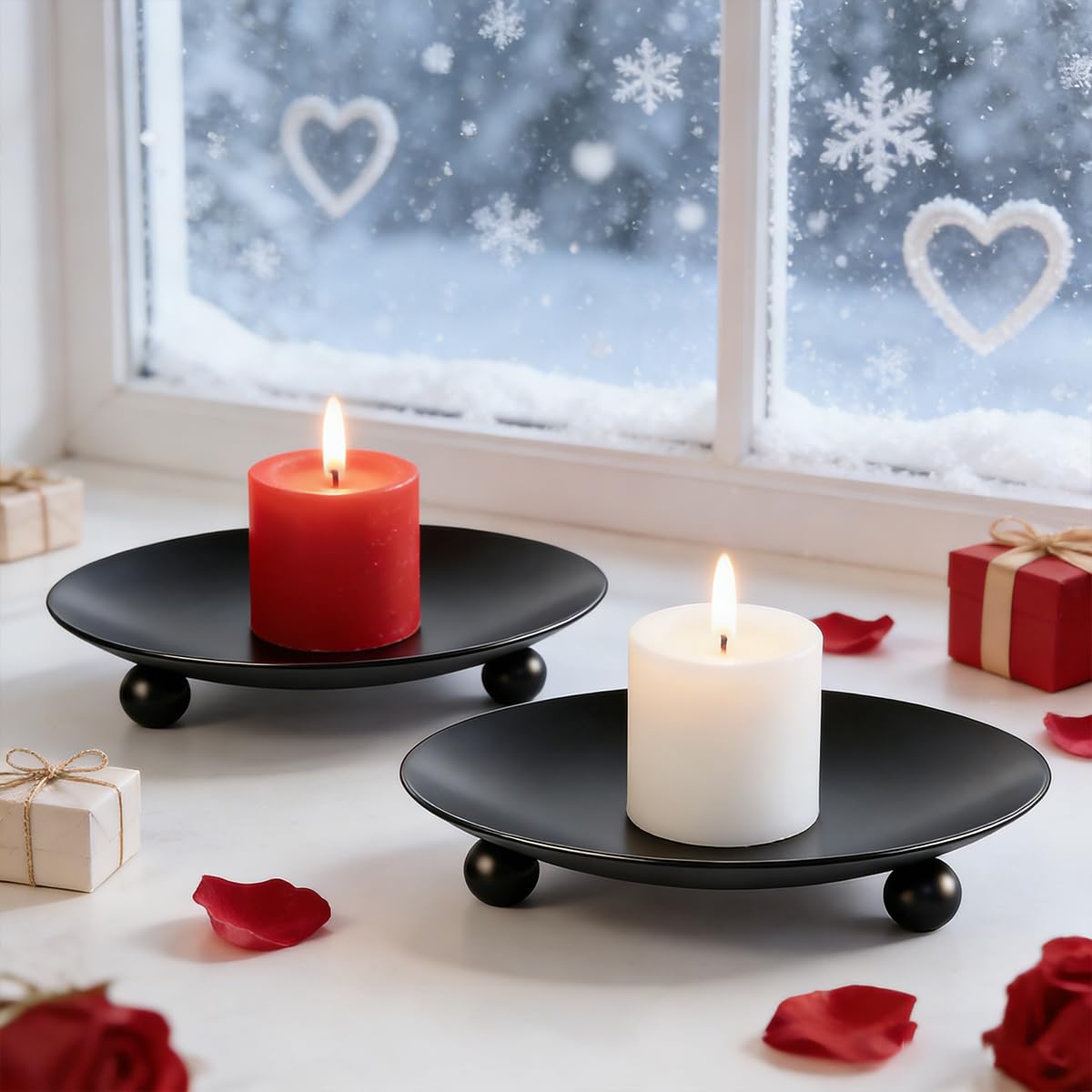 FENKOO Iron Plate Candle Holder, Black Candle Plate, Set of 2,Decorative Candle Stand for Wax Candles，Incense Cones, Spa, Christmas & Birthdays (Black)