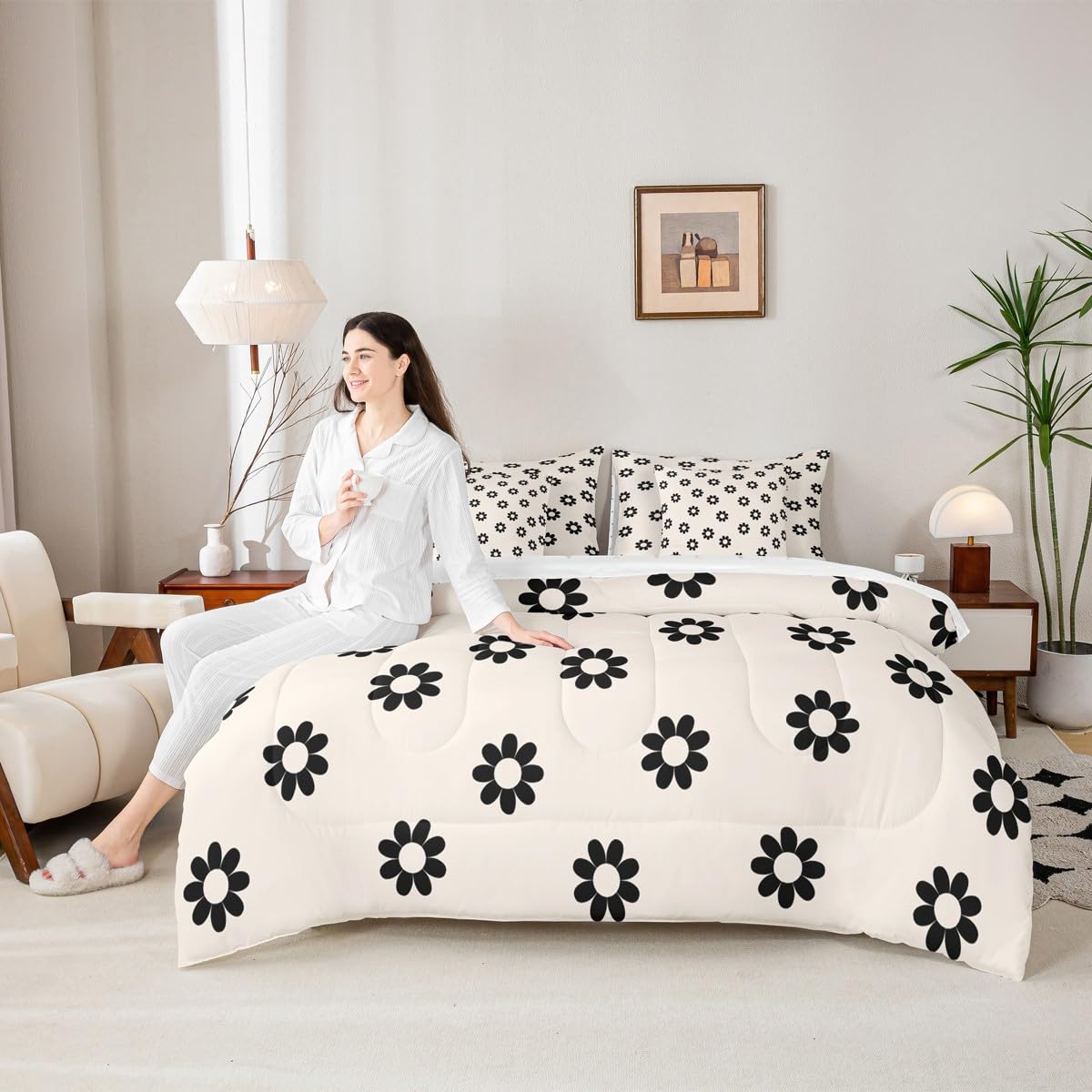 Erosebridal Black and White Floral 7 Pcs Bedding Set for Teen Girls Kawaii Daisy Comforter Set with Sheets Twin Size for Girls Kids Young Women Bedroom Beige Boho Bed in A Bag All Season Bed Sets