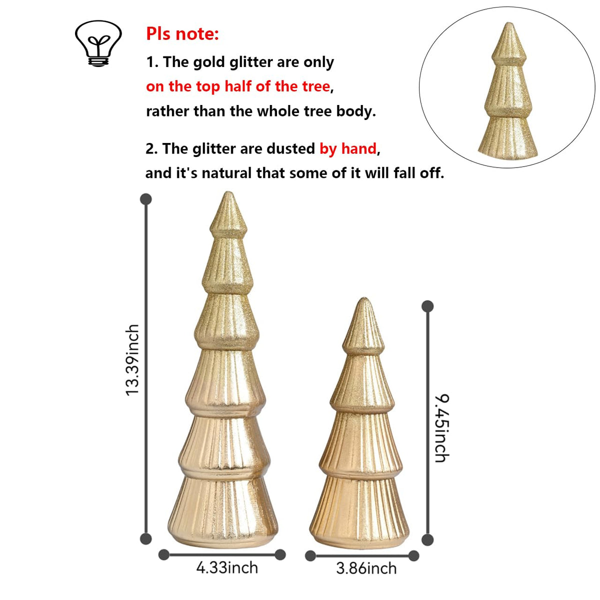 AOMOONOA Wooden Christmas Trees Figurine, 2Pcs Gold Tree Figurines, Decorative Trees for Tabletop, Small Glittered Golden Xmas Tree Figurines for Christmas Mantle Indoor Decor