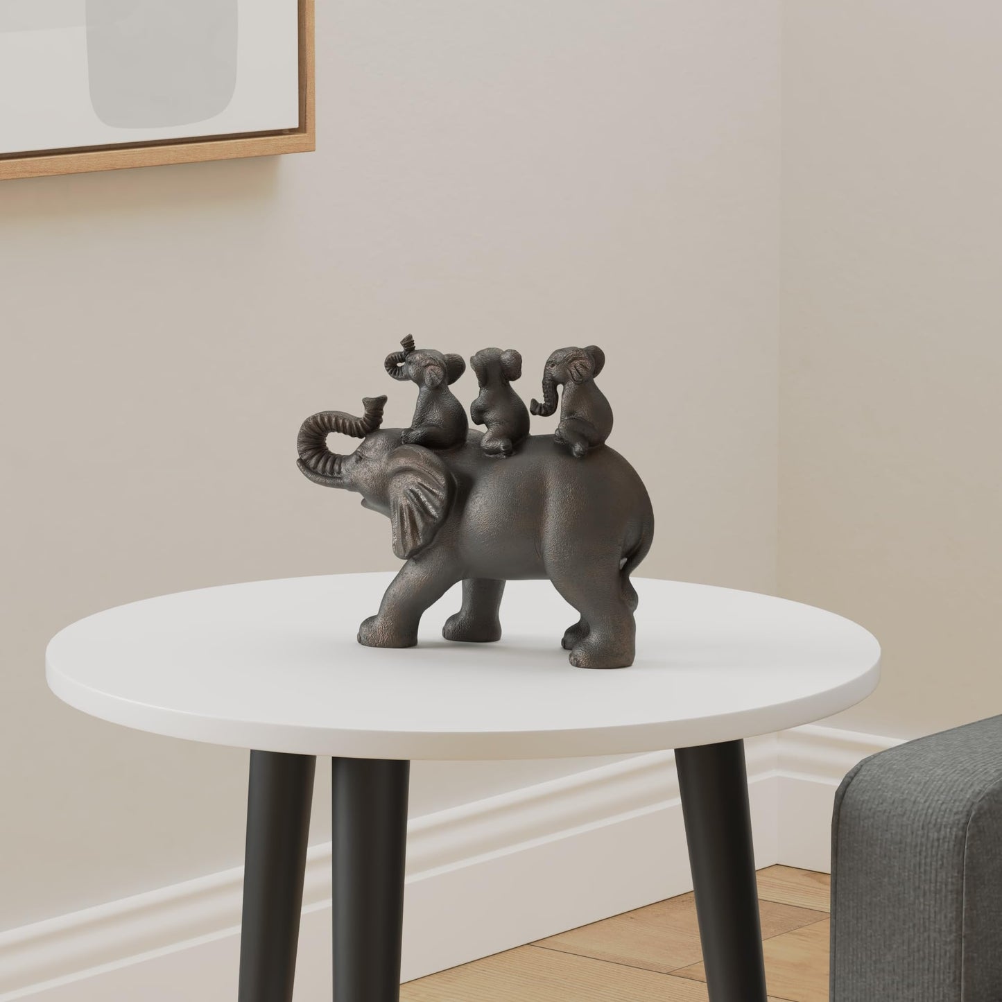 Nature's Mark 8" H 3 Baby Elephants Riding an Elephant Resin Statue Figurine Home Decorative Accent Decor (Brown)