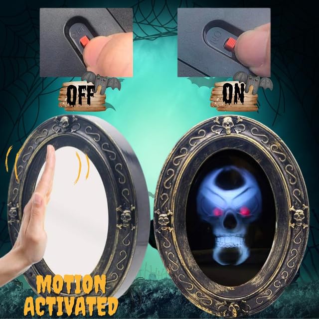 Scary Motion Activated Skull Haunted Mirror with Creepy Sound and Light, Horror Prop for Indoor Halloween Party Decorations