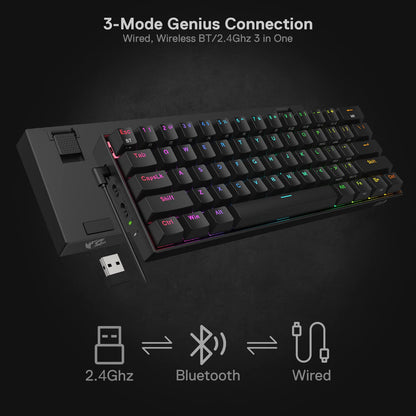 Redragon K530 Pro Draconic 60% Wireless RGB Mechanical Keyboard, Bluetooth/2.4Ghz/Wired 3-Mode 61 Keys Compact Gaming Keyboard w/100% Hot-Swap Socket, Free-Mod Plate Mounted PCB & Tactile Brown Switch