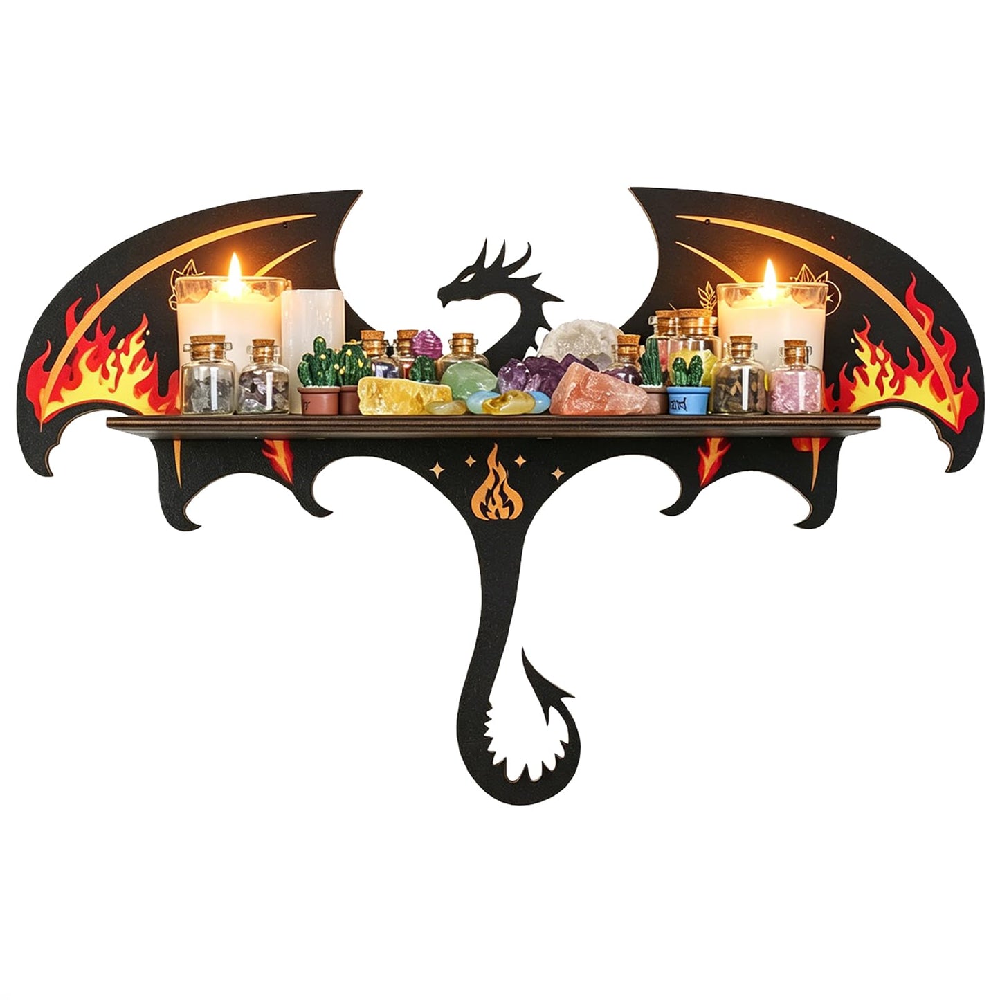 Gothic Evil Dragon Crystal Display Shelf for Wall, Wooden Trinket Holder Decor Witchy Shelf Rock Display Case Knick Knack Organizer, Wall Hanging Shelves for Essential Oil & Nail Polish (Dragon)