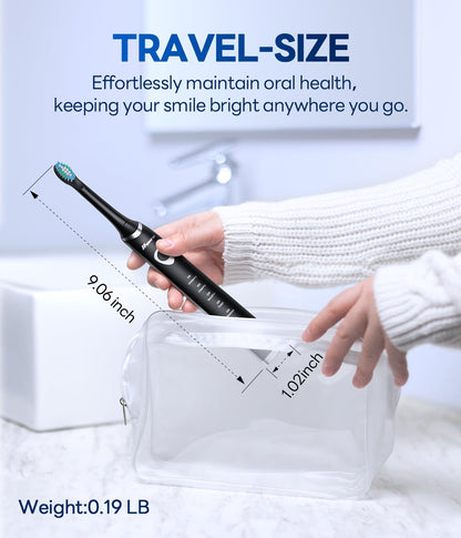 Bymore Electric Toothbrush for Adults,Travel Sonic Toothbrush with 8 Replacement Heads, Ultra Clean Rechargeable Toothbrush Portable One Charge for 330days 5 Modes 2mins Timer-Black