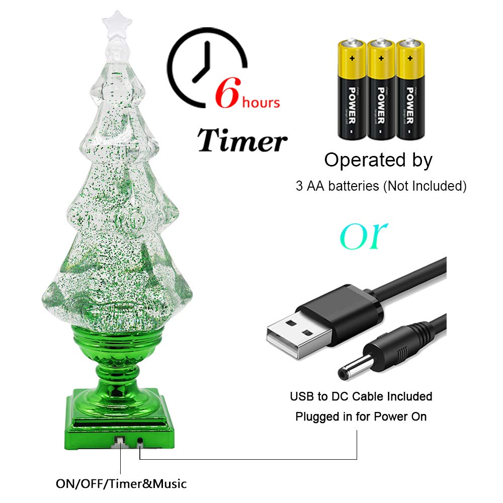 Eldnacele Musical 14" Light-up Christmas Tree Snow Globe Water Glittering Tree Clear Acrylic with USB Line and 6 Hours Timer for Home Decoration