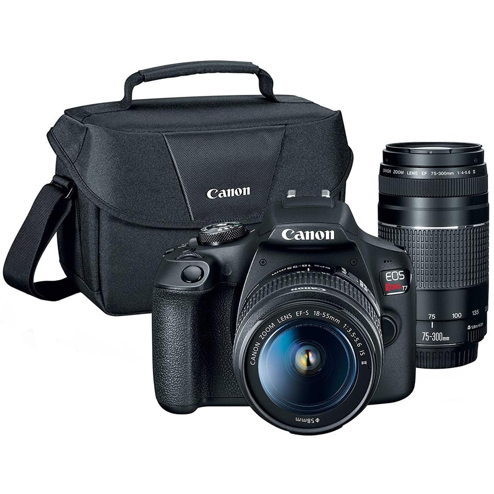 Canon EOS Rebel T7 DSLR Camera with EF18-55mm + EF 75-300mm Double Zoom Kit 2727C021 Bundle with Lexar Premium 64GB SDXC Memory Card, Deco Essentials Camera Bag and Corel Photo Video Suite