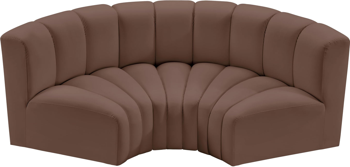 Meridian Furniture 101Brown-S3C Arc Collection Modern | Contemporary Modular Sofa with Soft Brown Vegan Leather, Deep Channel Tufting, Modular Design, 80" W x 37" D x 30" H, Brown