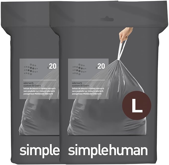 simplehuman Code L 40 Count, Genuine Custom Fit Liners, Drawstring Trash Bags