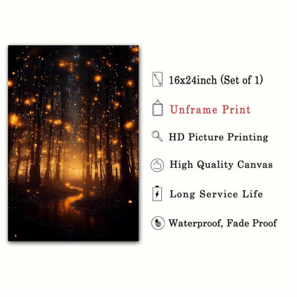 Magical Forest Wall Art Canvas - Fireflies Landscape Poster, Botanical Prints, Moody Natural Vertical Art, Dark Academia Forest Painting for Home 16x24inch No Frame