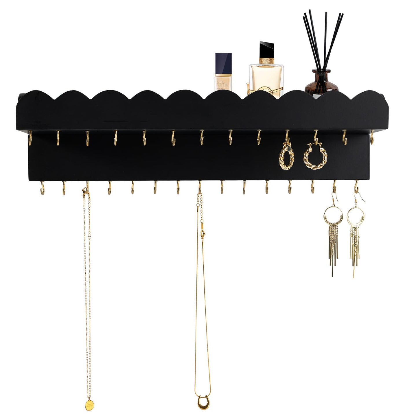 Lampaggio Wall Mount Jewelry Organizer with 28 Hooks and Cosmetics Shelf, Modern Wood Hanging Jewelry Holder for Necklaces, Bracelets, Earrings and Rings, Black