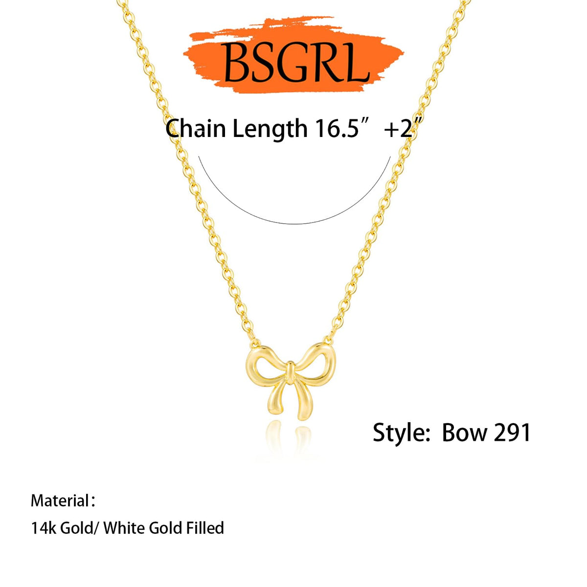 BSGRL Gold Necklace for Women- 14K Gold Plated Dainty Bow Necklace Cute 16.5"+2"