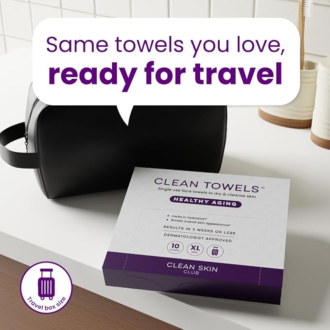 Clean Skin Club Healthy Aging Clean Towels® XL, Travel Pack, Smooths Fine Lines