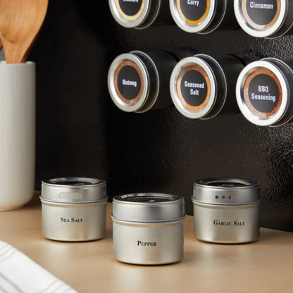 Talented Kitchen Magnetic Spice Jars for Refrigerator – 3oz Metal Magnetic Spice Tins w/Sift & Pour Lids (24 Jars, 269 Preprinted Labels, 2 Blank Label Designs)